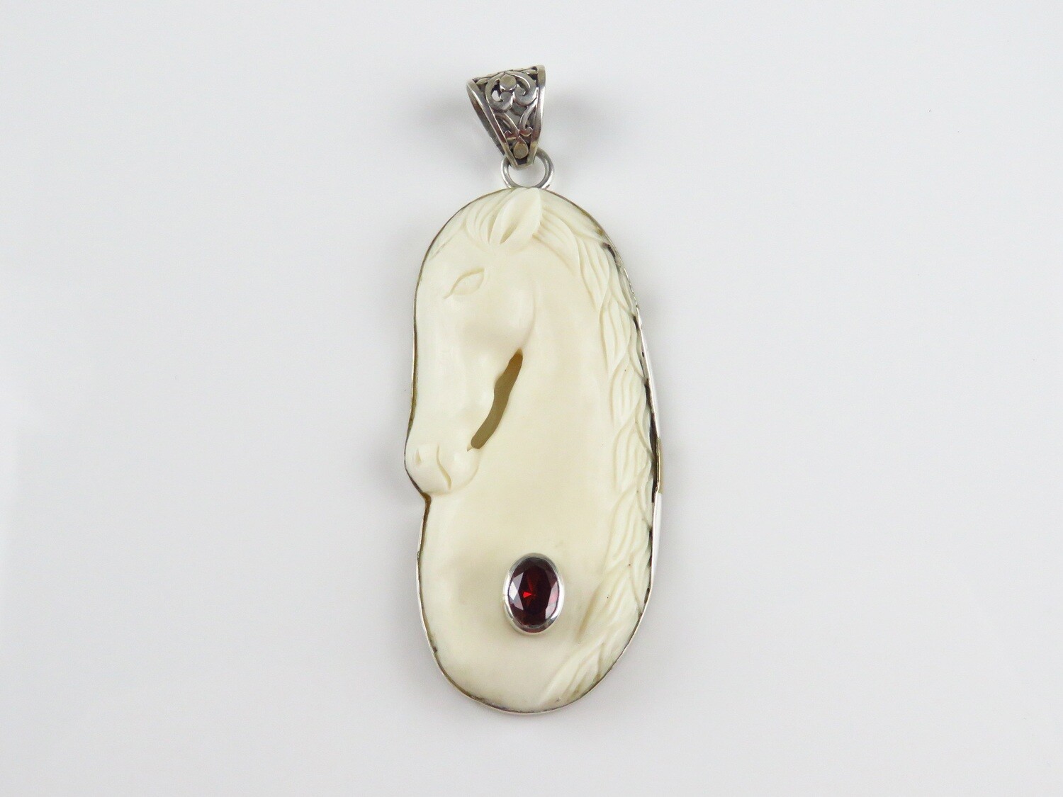 Sterling Silver, Amethyst, Carved Ox Bone, Horse Pendant BP-123