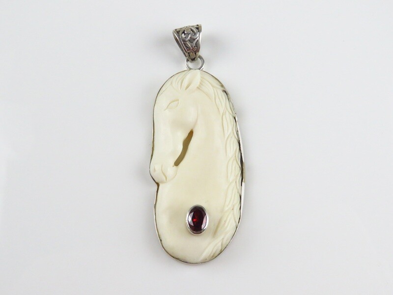 Sterling Silver, Amethyst, Carved Ox Bone, Horse Pendant BP-123
