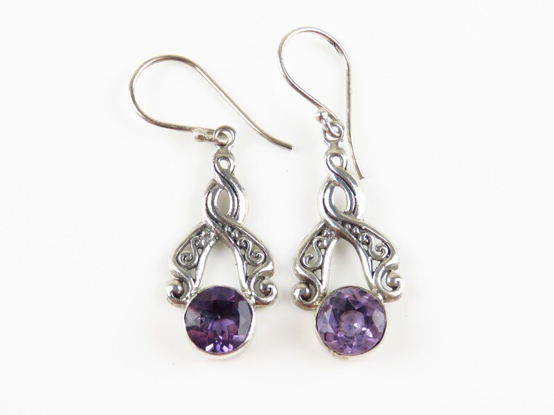 Sterling Silver, Round Shape, Amethyst Gemstone, Dangle Earrings ER-1140
