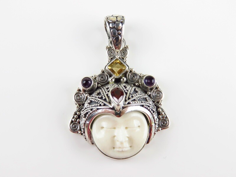 Sterling Silver, Carved Face, Bali Goddess Pendant GJ-138