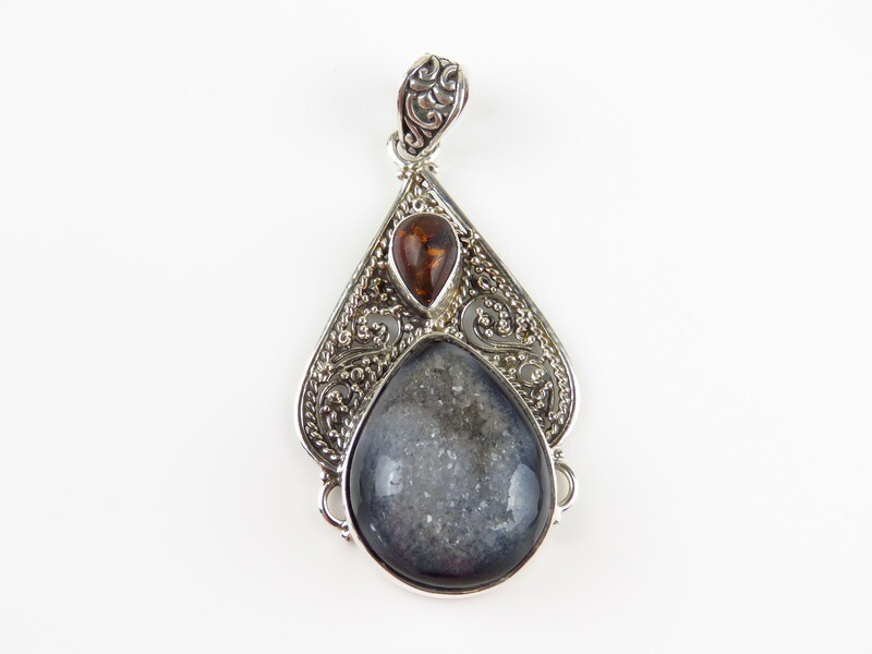 Sterling Silver, Amber gemstone, Druzy Pendant SP-1212
