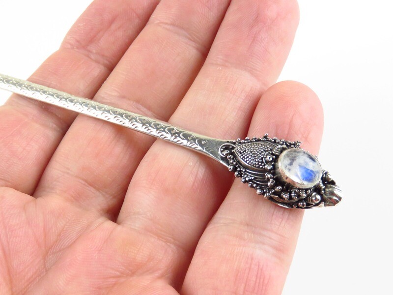 Sterling Silver, Rainbow Moonstone, Snake Head, Hair Stick OA-105