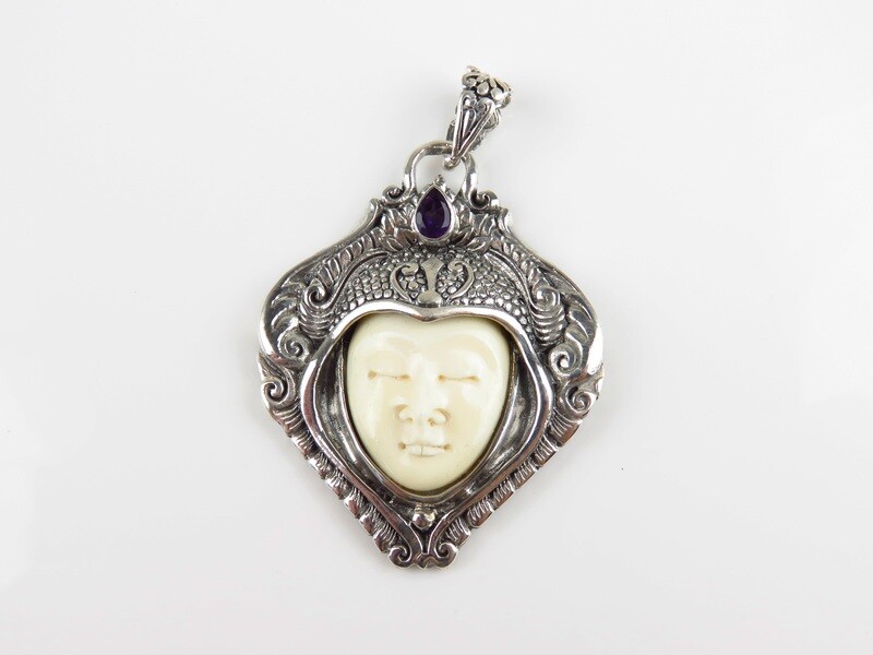 Sterling Silver, Amethyst, Carved Face, Goddess Pendant GJ-140