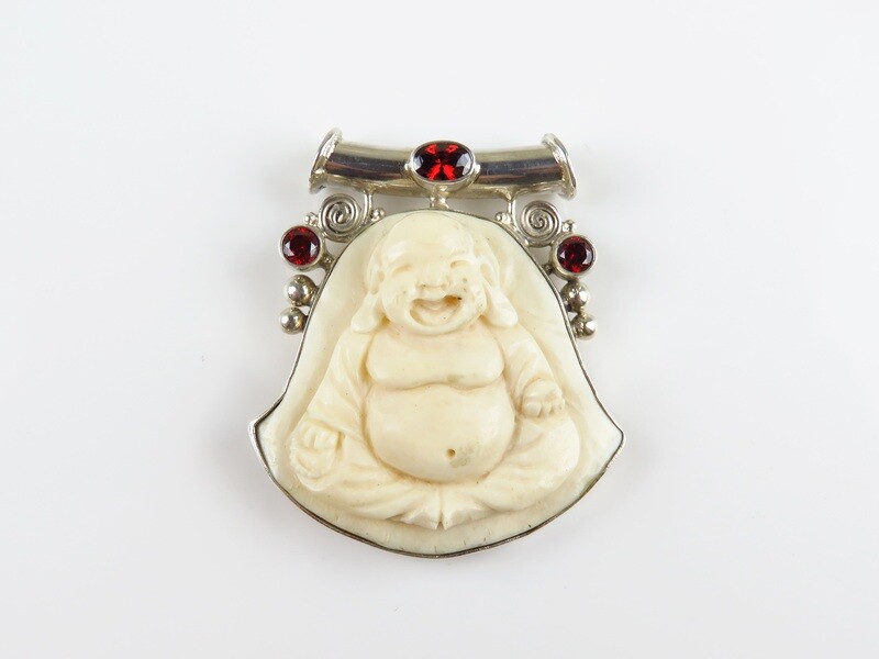Sterling Silver, Garnet Gemstones, Carved Ox Bone, Pendant BP-124