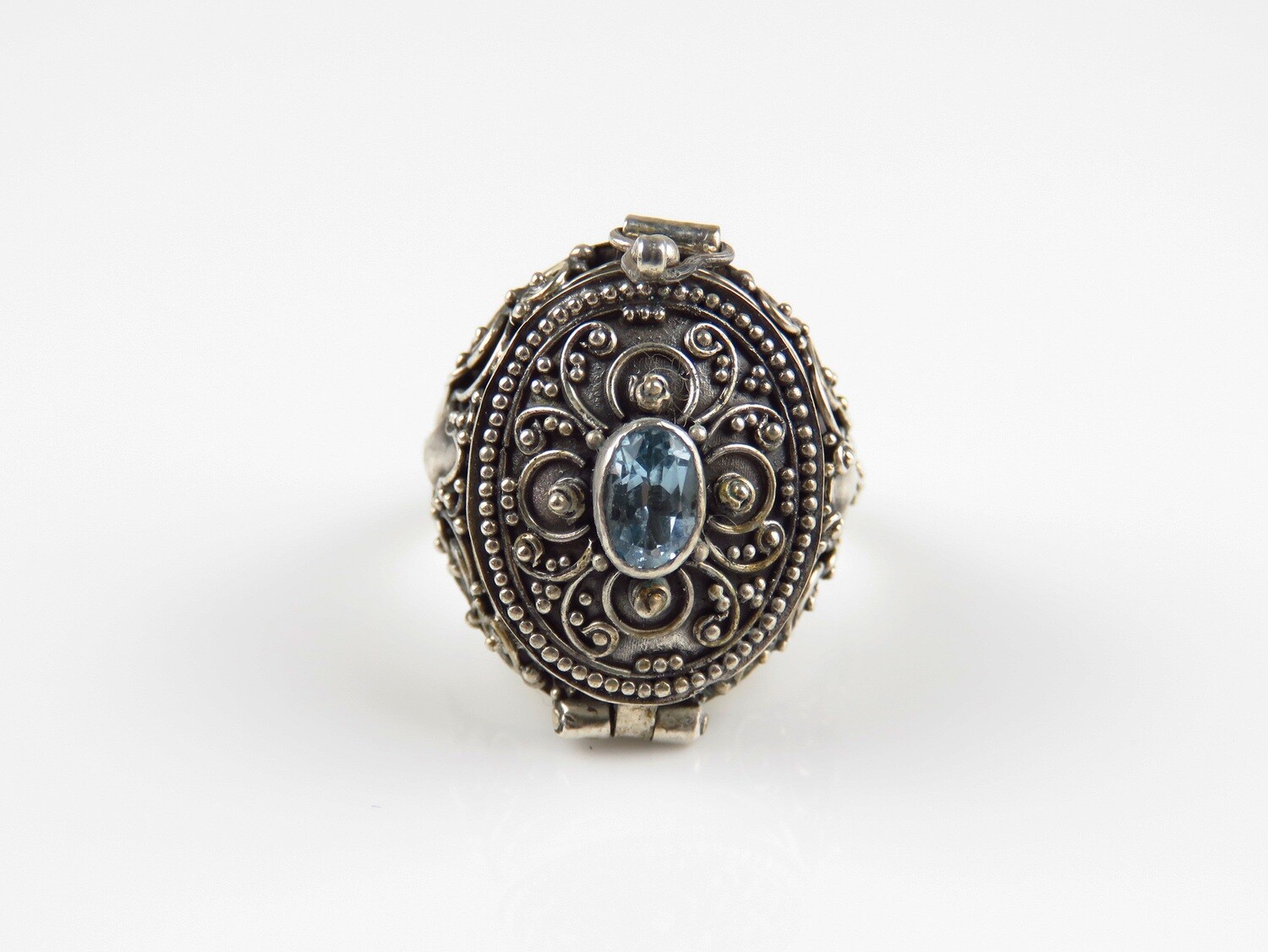 Sterling Silver, Blue Topaz Gemstone, Bali Design, Locket Ring LR-128