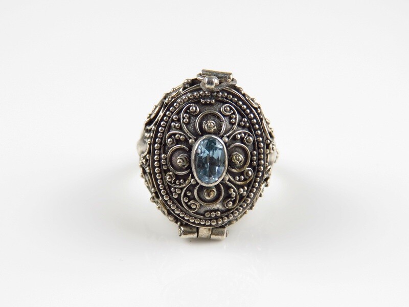 Sterling Silver, Blue Topaz Gemstone, Bali Design, Locket Ring LR-128