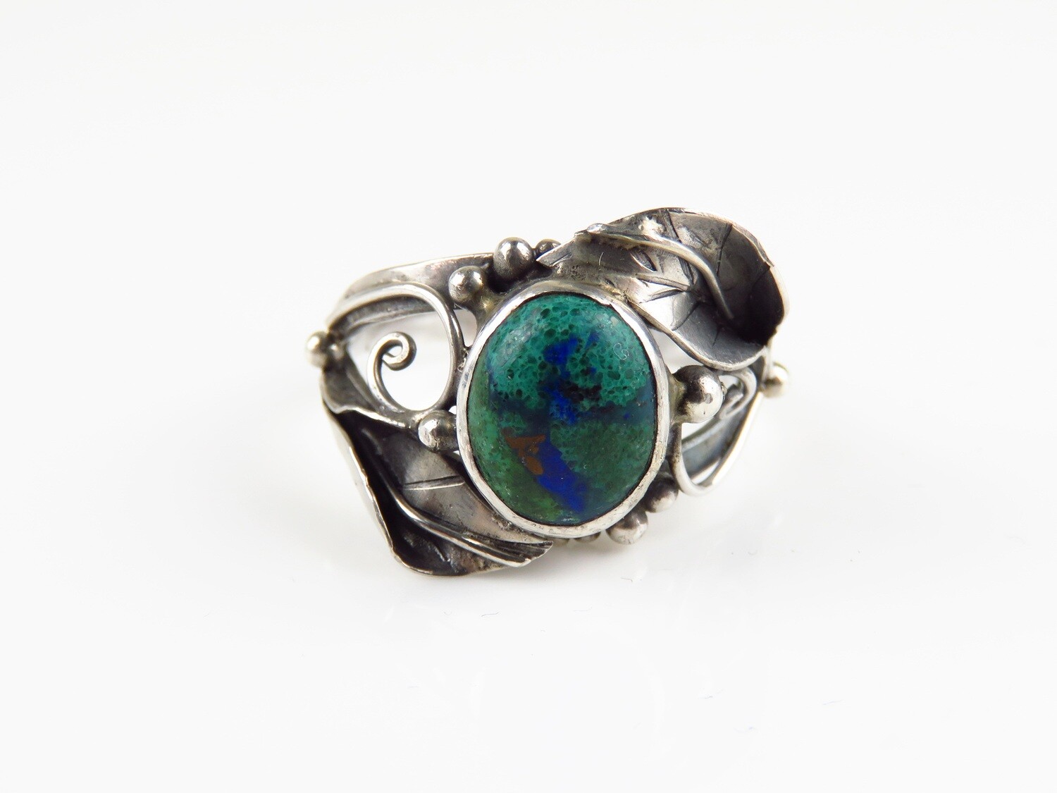 Sterling Silver, Chrysocolla, Leaf Design, Gemstone Ring RI-1100