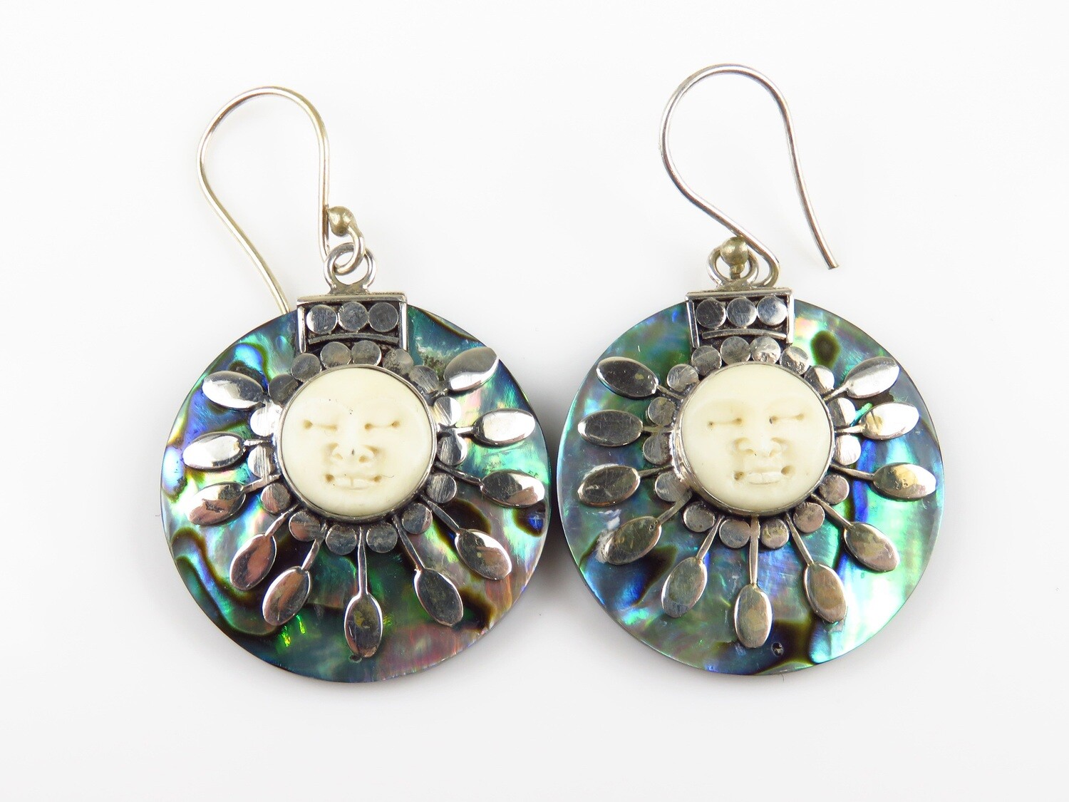 Sterling Silver, Carved Moonface, Round Shape, Shell Dangle Earrings SSE-100