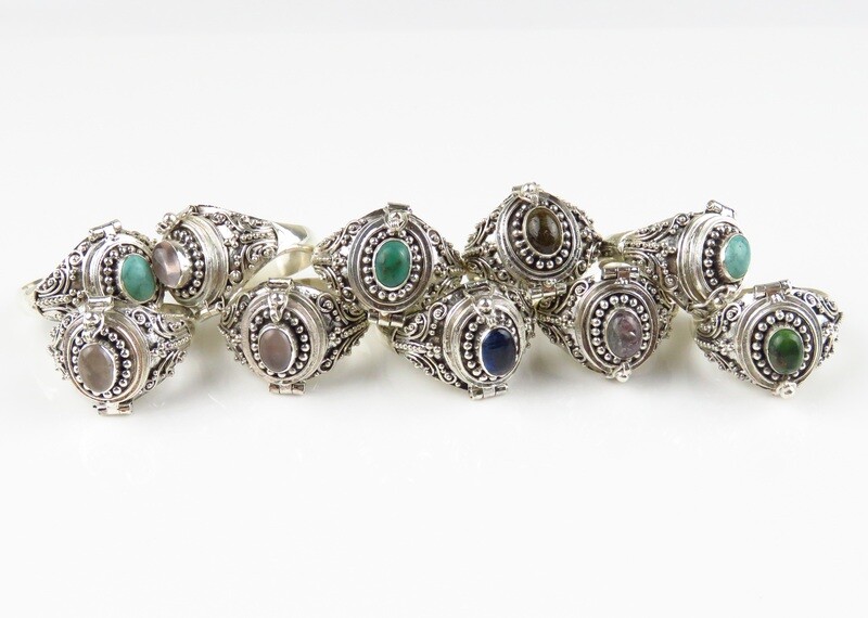 Wholesale lot, Sterling Silver, Mixed Gemstone,  10 Pieces, Bali Locket Rings SSB-408