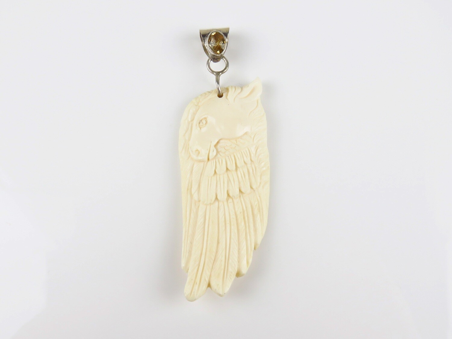 Sterling Silver, Citrine, Carved Ox Bone, Horse And Feather Pendant BP-130