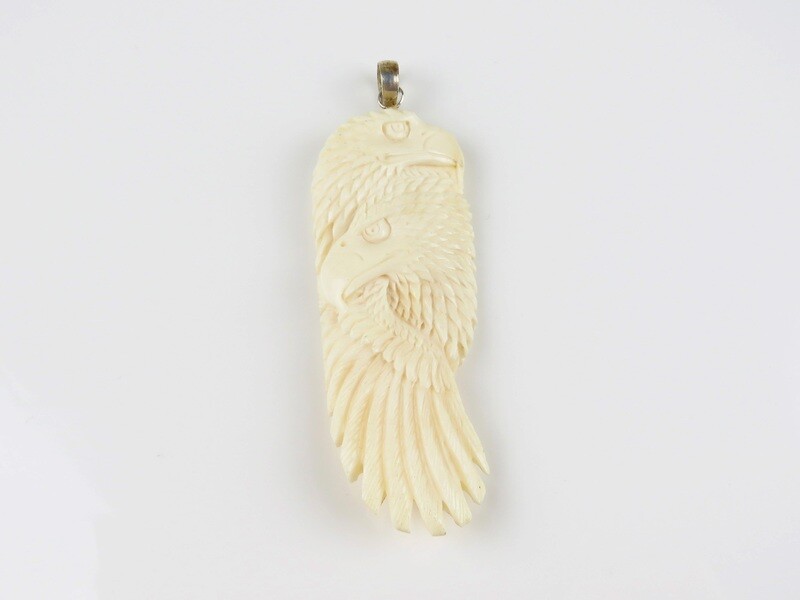 Sterling Silver, Carved Ox Bone, 2 Eagles Head Pendant BP-131