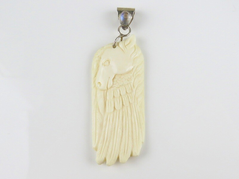 Sterling Silver, Rainbow Moonstone, Carved Ox Bone, Horse And Feather Pendant BP-132