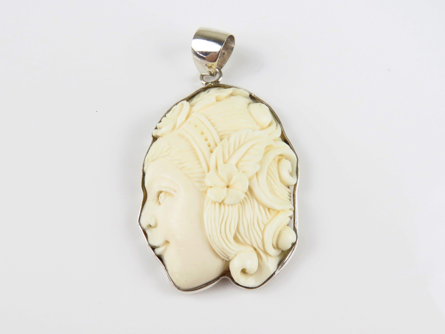 Sterling Silver, Carved Ox Bone Pendant BP-129