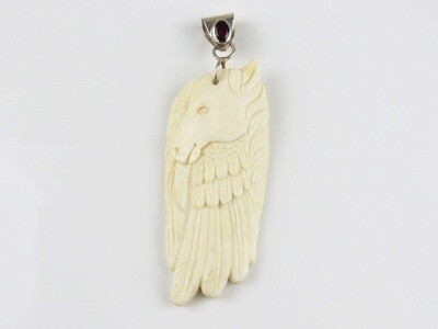 Sterling Silver, Garnet, Carved Ox Bone, Horse And Feather Pendant BP-134