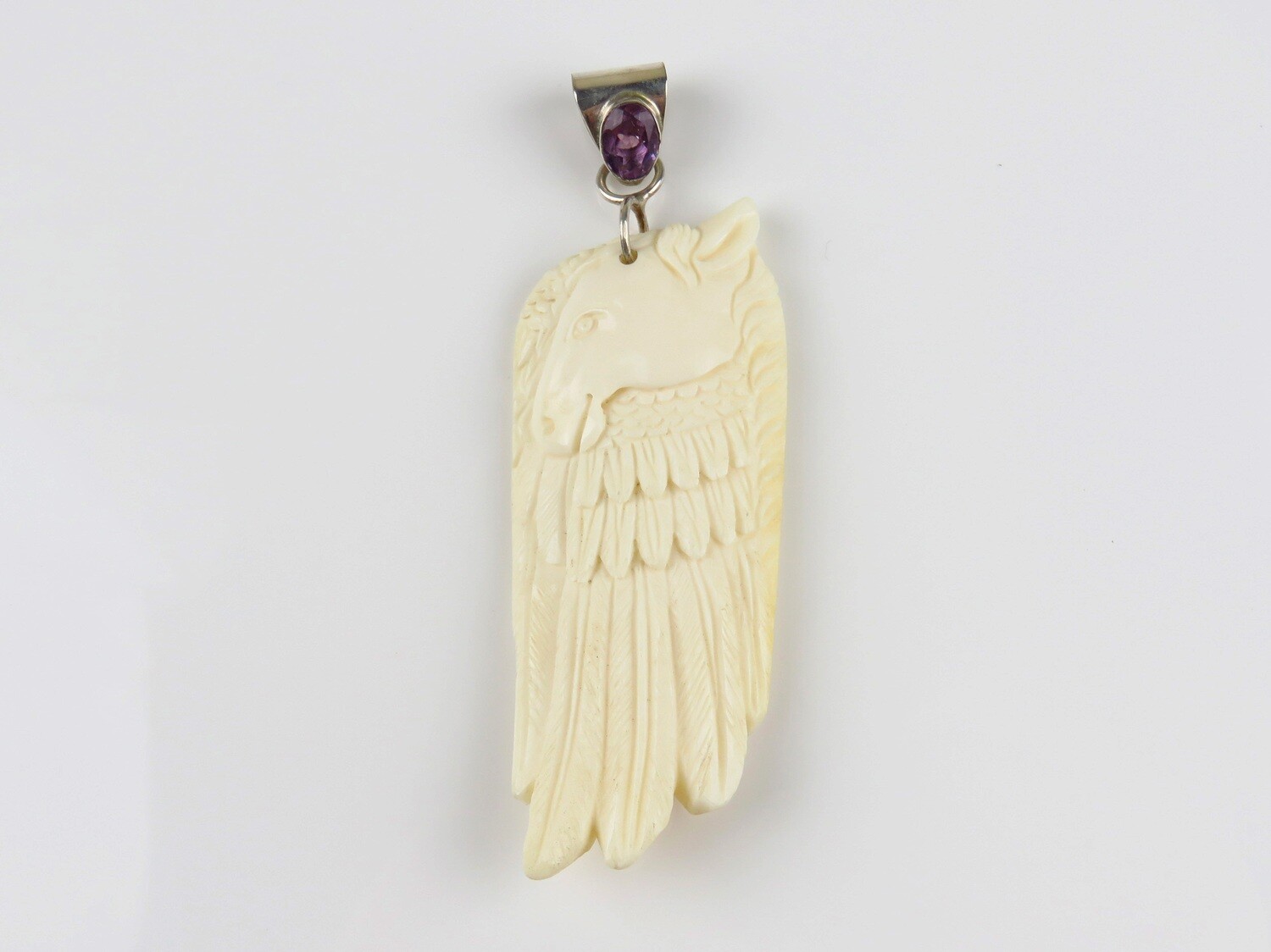 Sterling Silver, Amethyst, Carved Ox Bone, Horse And Feather Pendant BP-135