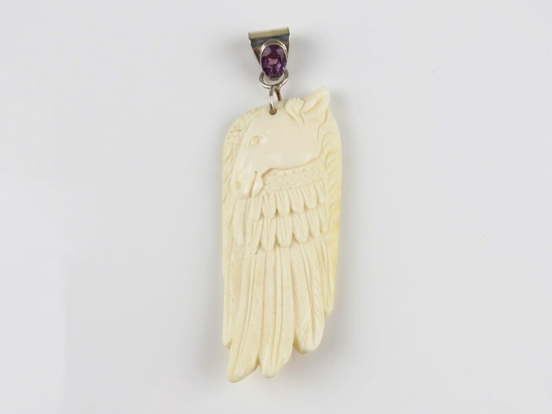 Sterling Silver, Amethyst, Carved Ox Bone, Horse And Feather Pendant BP-135