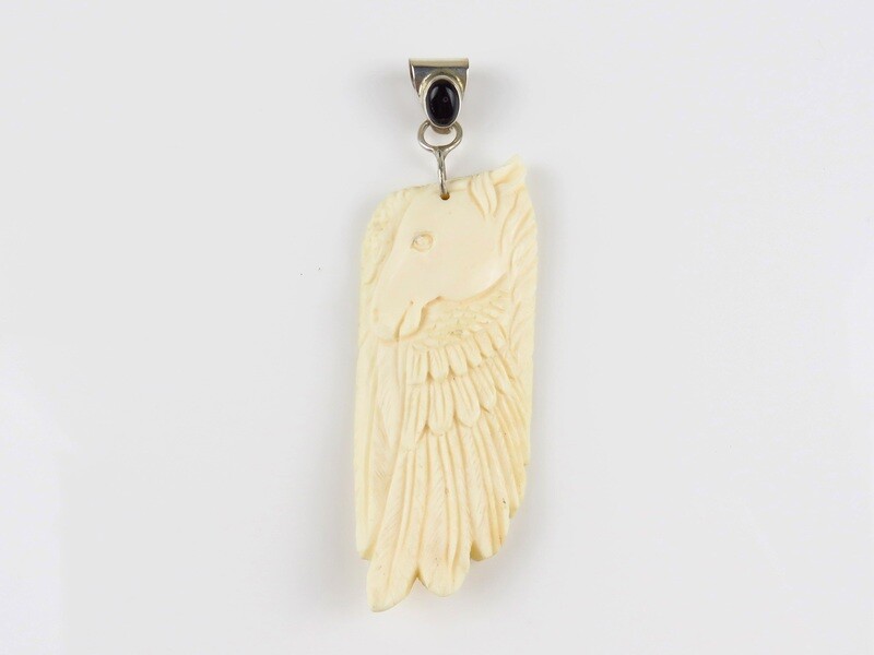 Sterling Silver, Black Onyx, Carved Ox Bone, Horse And Feather Pendant BP-133