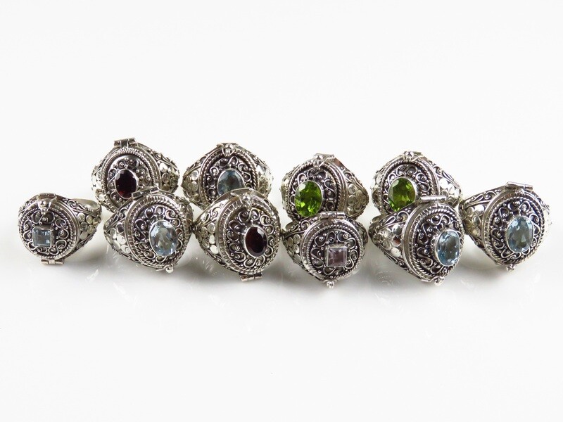 Wholesale, Sterling Silver, Mixed Gemstone, Bali Locket Rings SSB-413