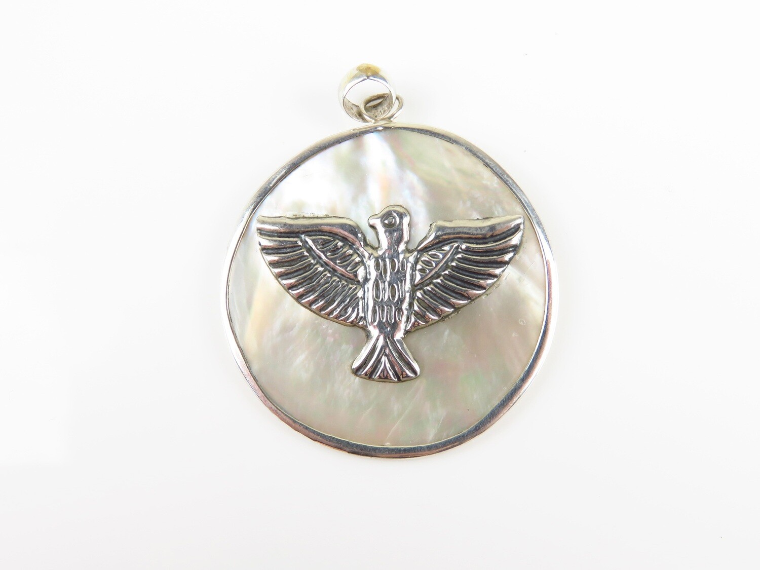 Sterling silver, Round shape, White shell, Bird pendant SHP-107
