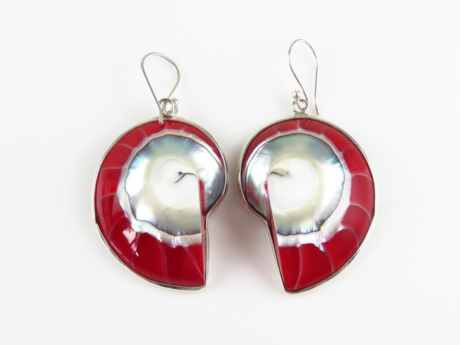 Sterling Silver, Red, Nautilus Shell Earrings SSE-104