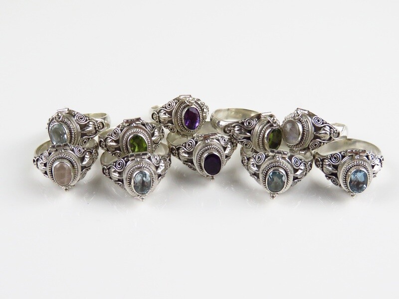 Wholesale lot, Sterling Silver, Mixed Gemstone,  10 Pieces, Bali Locket Rings SSB-414