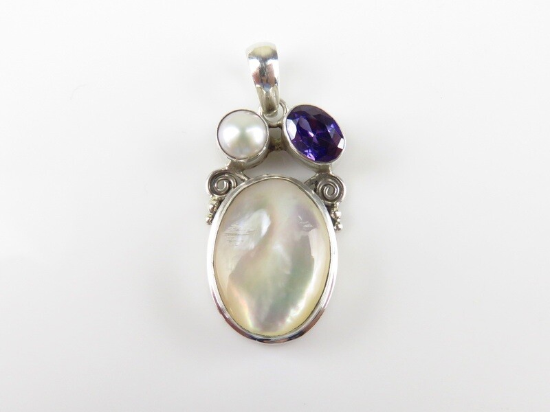 Sterling Silver, Pearl, Amethyst Gemstone, White Shell Pendant SHP-116