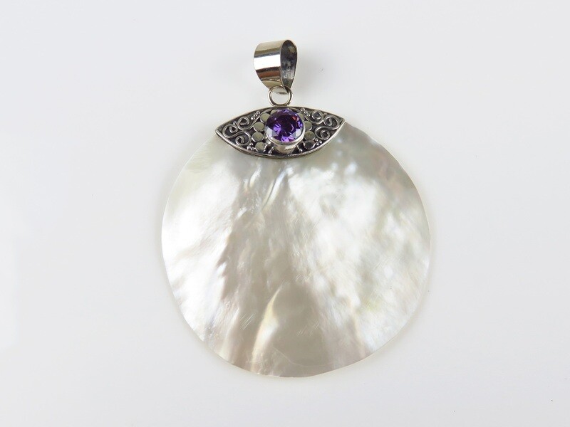 Sterling silver, Amethyst Gemstone, Round shape, White Shell Pendant SHP-114