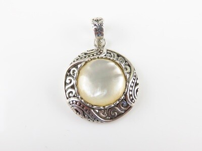 Sterling Silver, White Shell, Round Pendant SHP-118