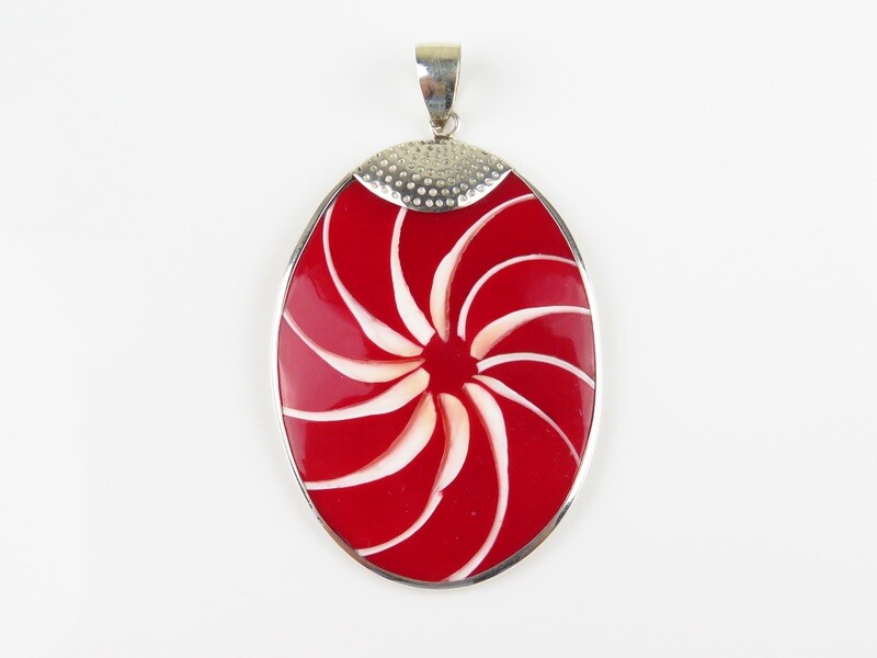 Sterling Silver, Red Color, Shell, Oval Pendant SHP-124
