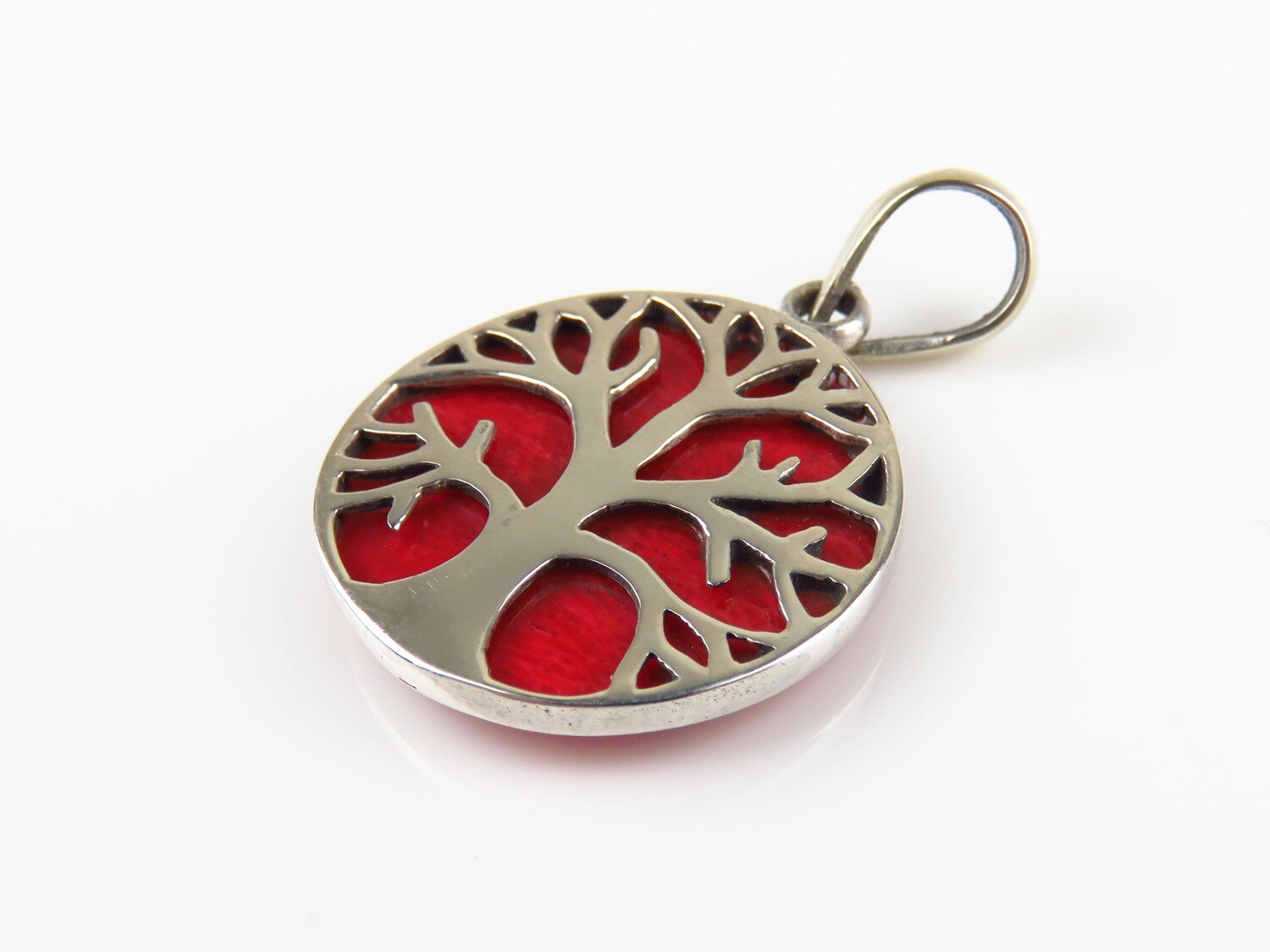 Sterling Silver, Red Coral, Tree Round Pendant SHP-125