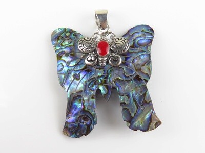 Sterling Silver, Abalone Shell, Red Coral Gemstone, Butterfly Design Pendant SHP-130