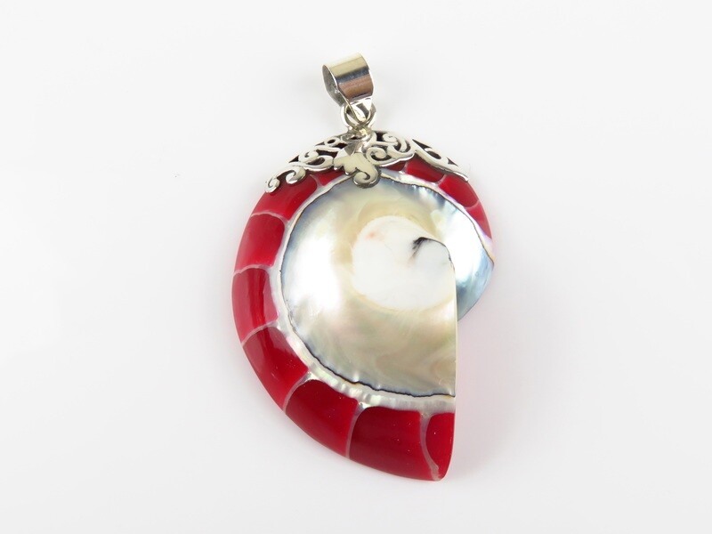 Sterling Silver, Red Color, Nautilus Shell Pendant SHP-133