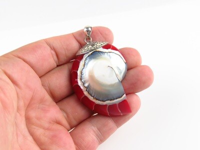 Sterling Silver, Red Color, Nautilus, Shell Pendant SHP-143