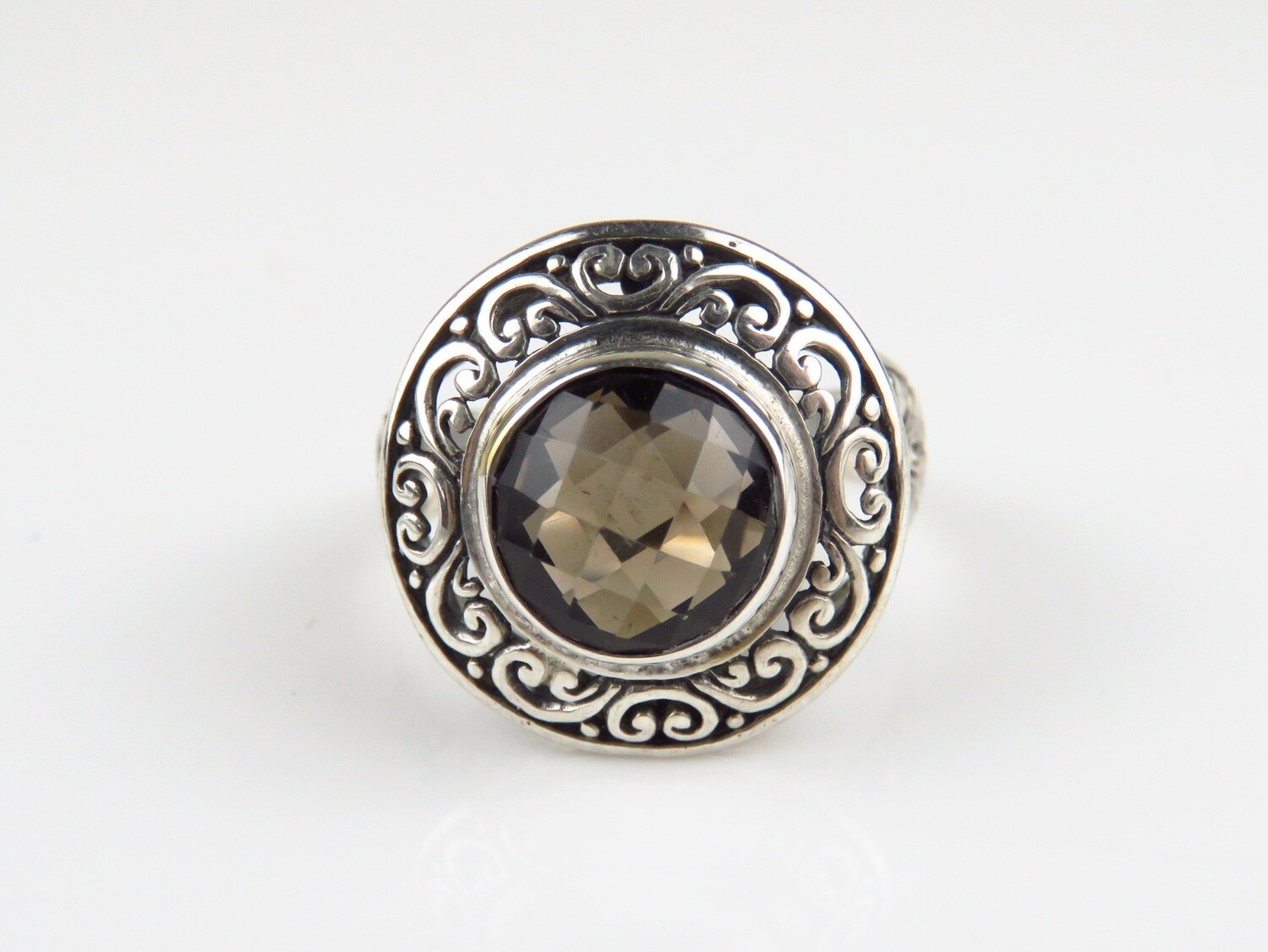 Sterling Silver, Smokey Quartz, Flower Motif, Gemstone Ring RI-1112