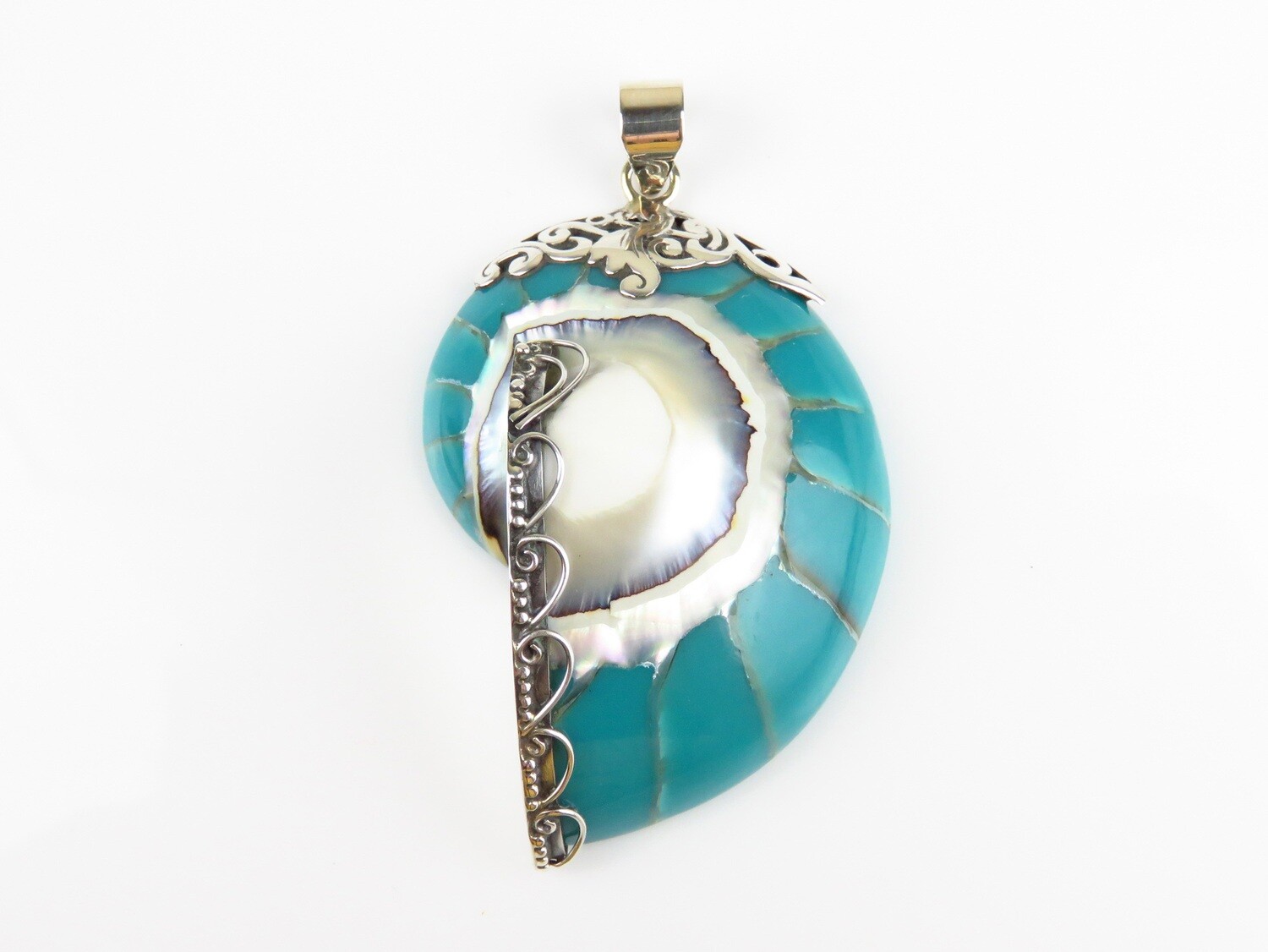 Sterling Silver, Aqua Nautilus, Shell Pendant SHP-155