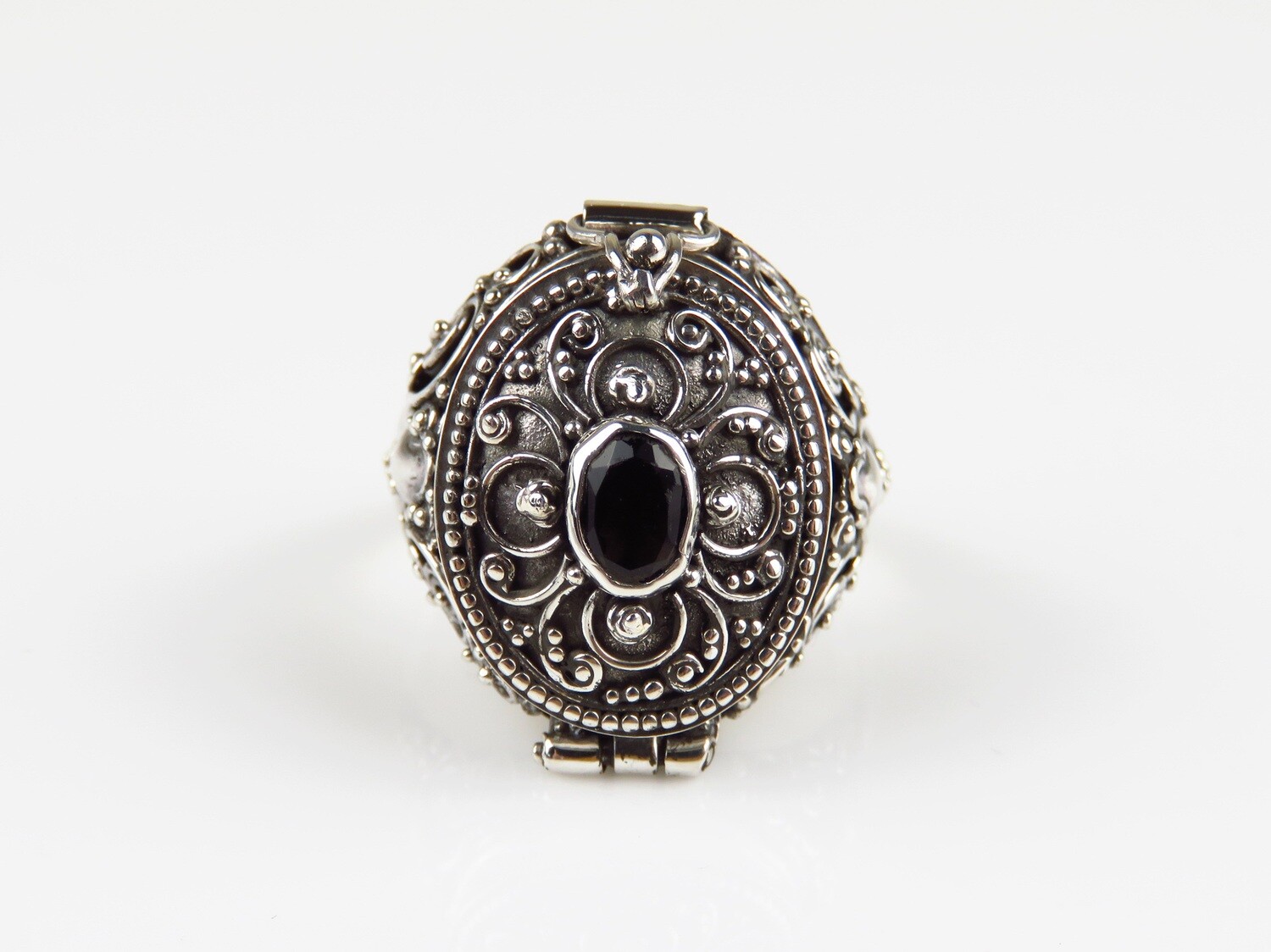 Sterling Silver, Smokey Quartz Gemstone, Bali Design, Locket Ring LR-138
