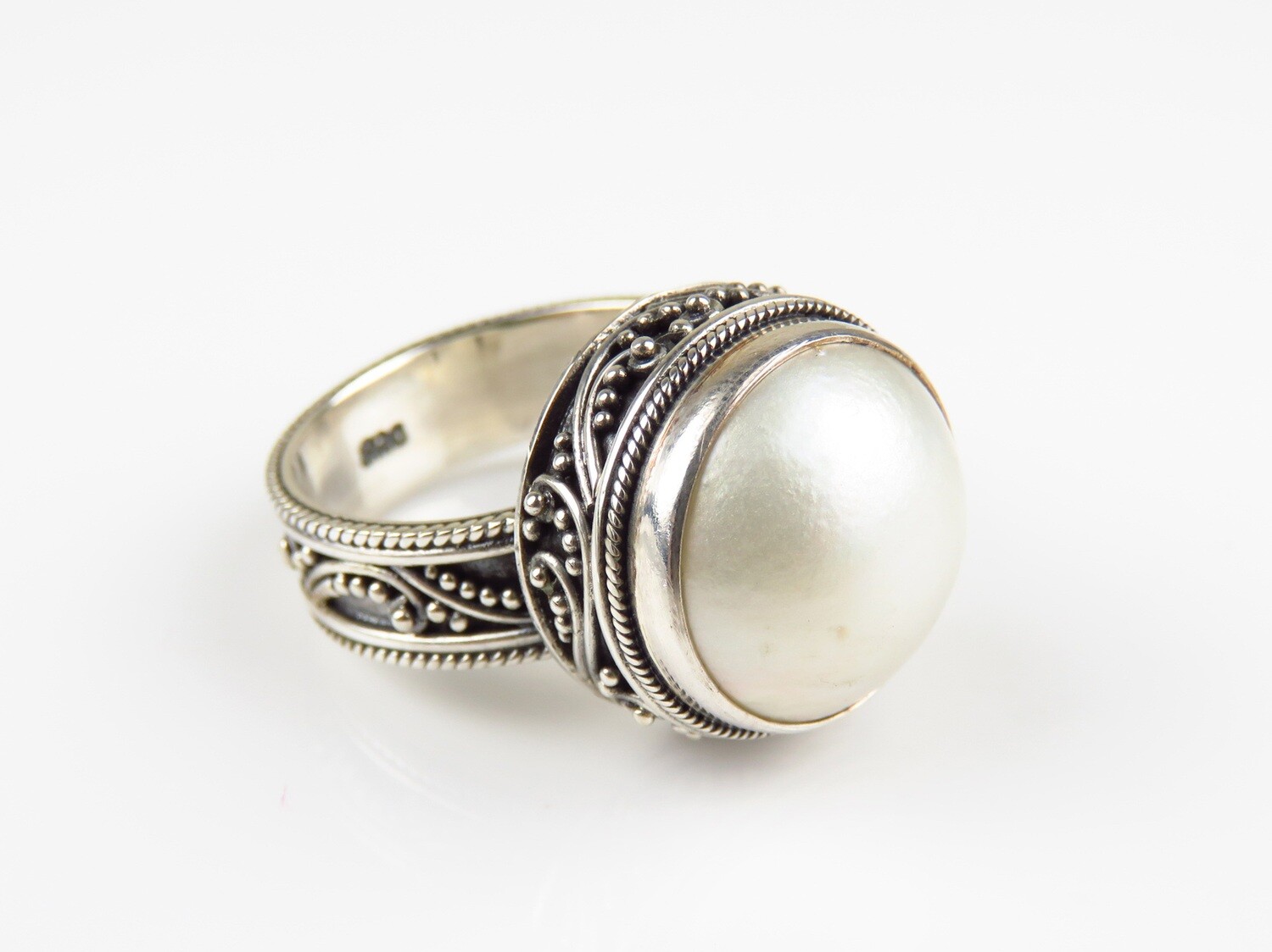 Sterling Silver, Pearl, Bali Motif, Gemstone Ring RI-1116
