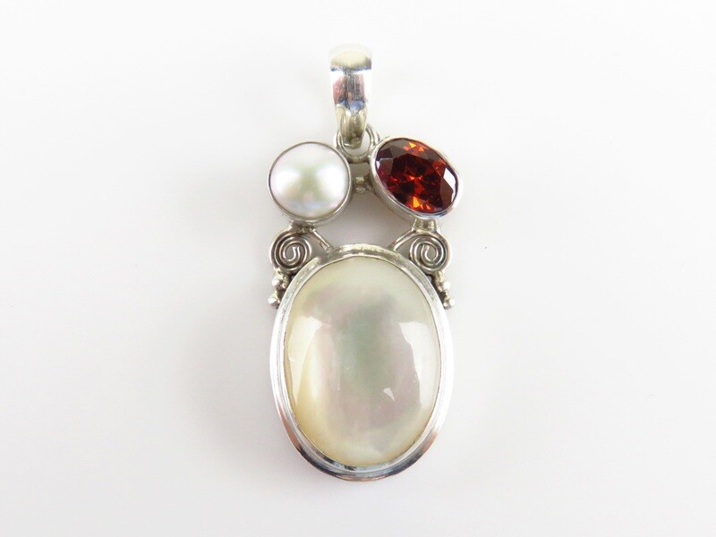 Sterling Silver, Garnet, Pearl, Shell Pendant SHP-156
