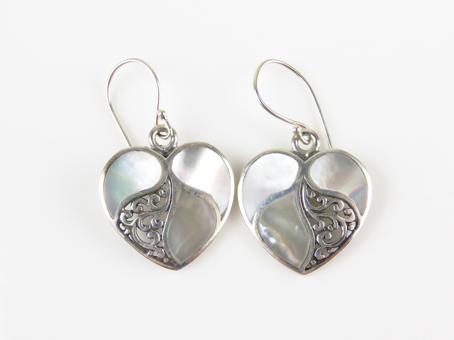Sterling Silver, White Shell, Heart Design Earrings SSE-112
