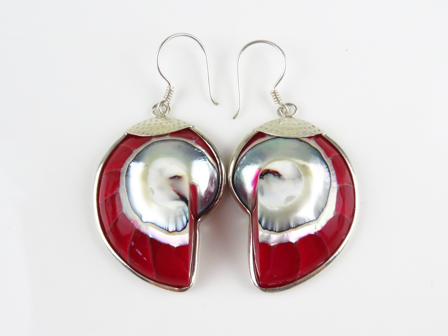 Sterling Silver, Red Color, Nautilus, Shell Earrings SSE-114