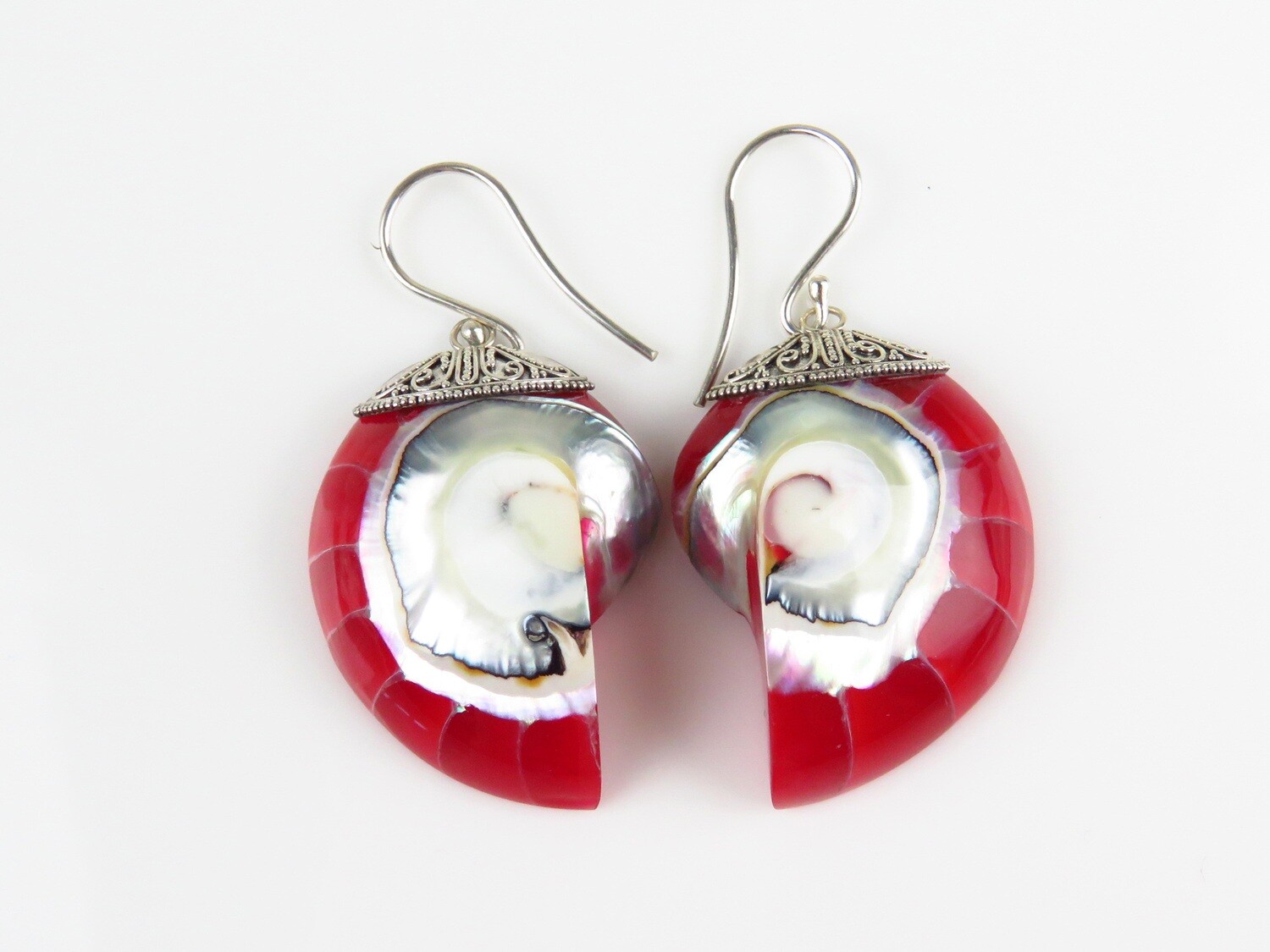 Sterling Silver, Red Color, Nautilus, Shell Earrings SSE-116