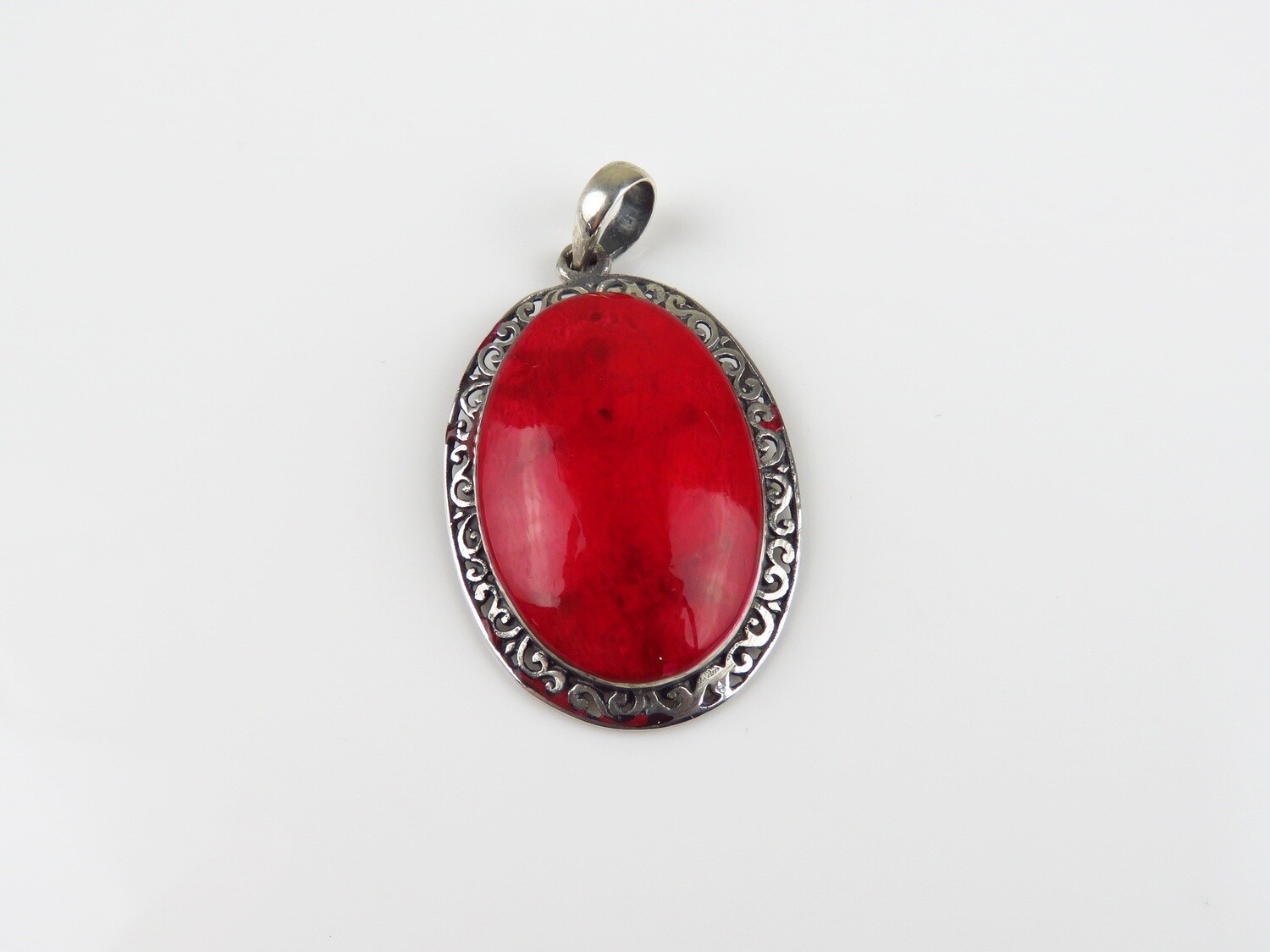 Sterling Silver, Red Coral, Oval Pendant SP-1235