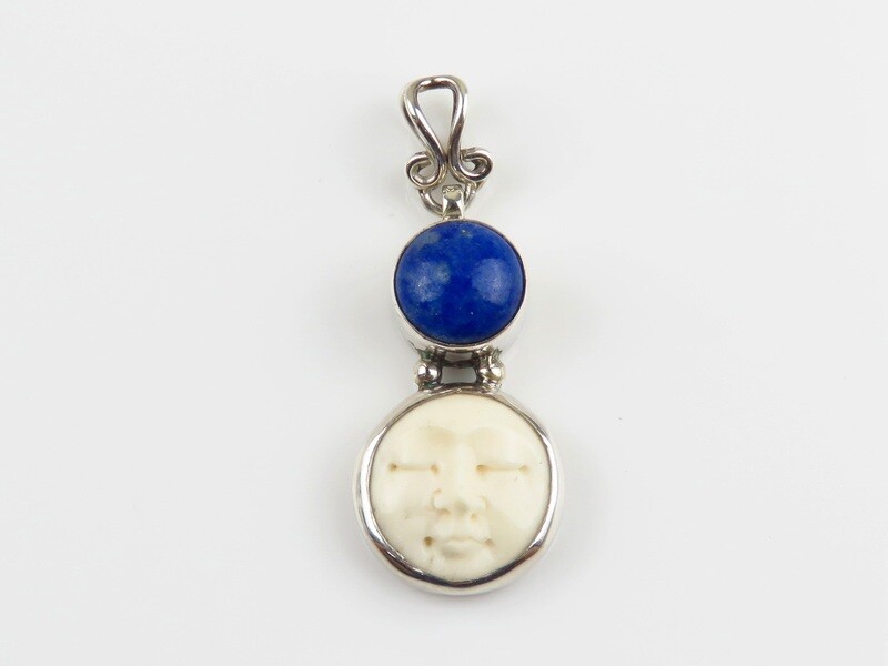 Sterling Silver, Sodalite Gemstone, Carved Ox Bone, Moonface Pendant BP-136