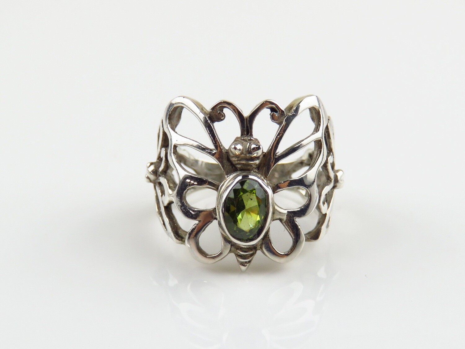 Sterling Silver, Peridot Gemstone, Butterfly Design Ring RI-1118