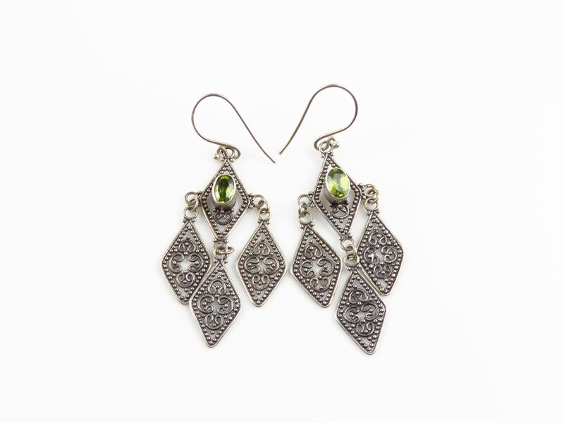 Sterling Silver, Peridot, Bali Dangle Earrings ER-1148