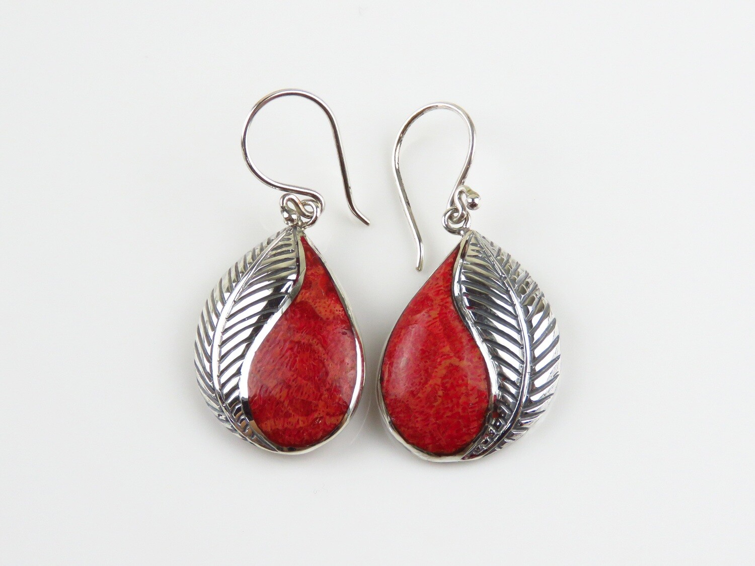 Sterling Silver, Red Coral, Leaf Design, Dangle Earrings SSE-125