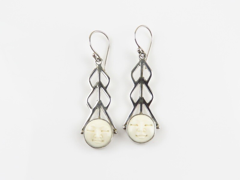 Sterling Silver, Carved Ox Bone, Moonface, Dangle Earrings ER-1150