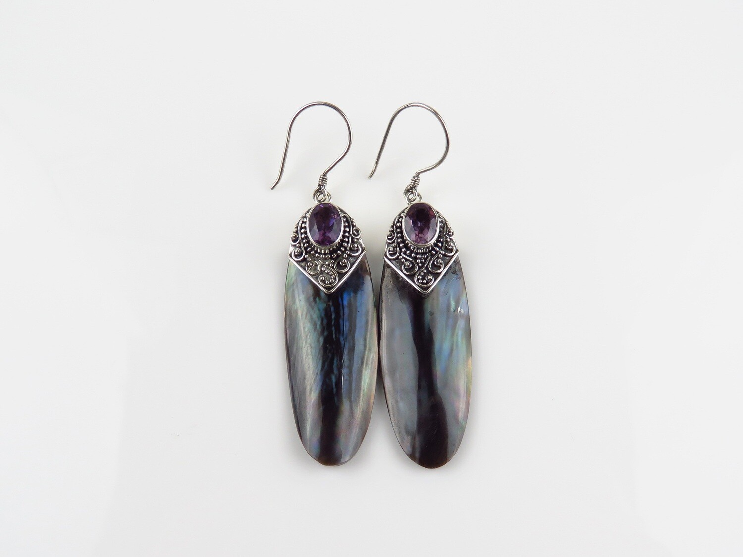 Sterling Silver, Amethyst Gemstone, Abalone Shell, Dangle Earrings SSE-126