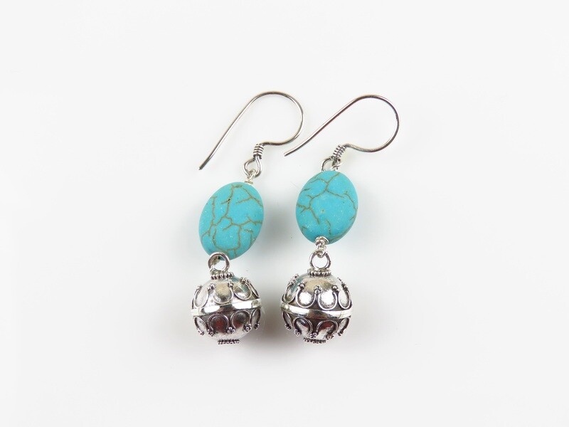 Sterling Silver, Turquoise Gemstone, Chime Ball Earrings CBE-163