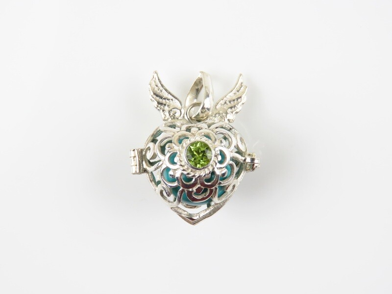 Sterling Silver, Peridot Gemstone, Angel Wings, Harmony Ball Pendant HB-510